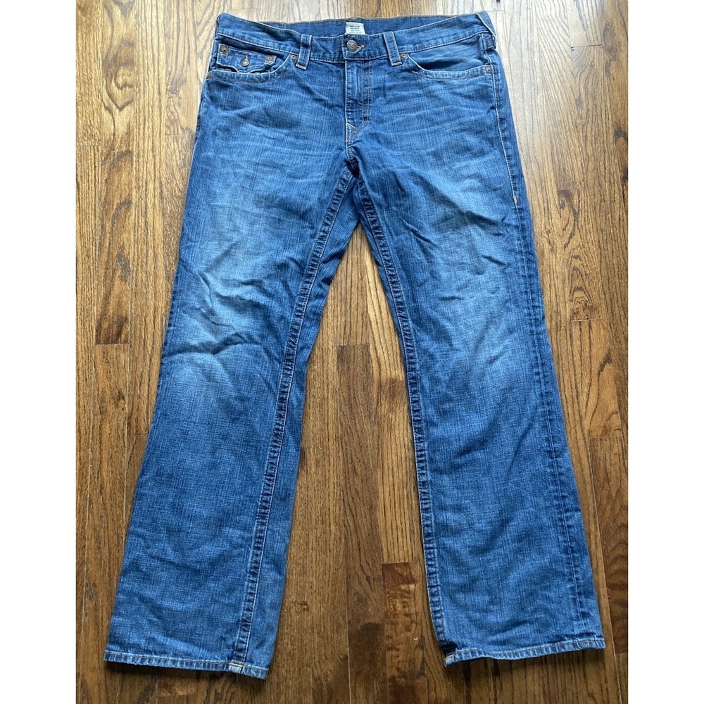 True Religion Ricky Jeans Mens 38x34 Blue Denim Straight Flap Pocket USA Made